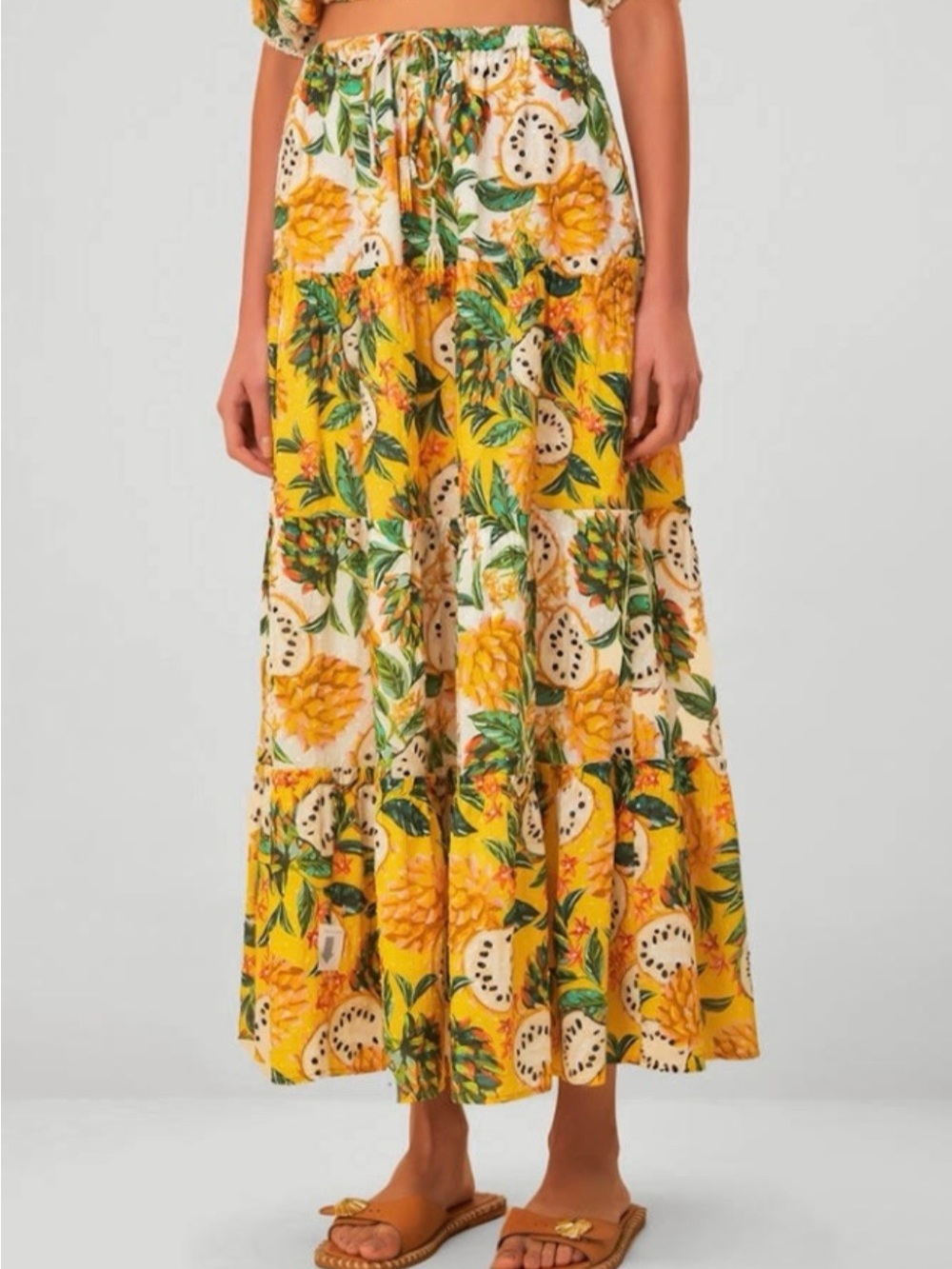 Philosophy Tiered Yellow Floral Maxi Skirt with Tropical Print dragon fruits NWT